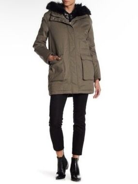 The Kooples Genuine Black Fox Fur Lined Khaki Cotton Hooded Parka Coat